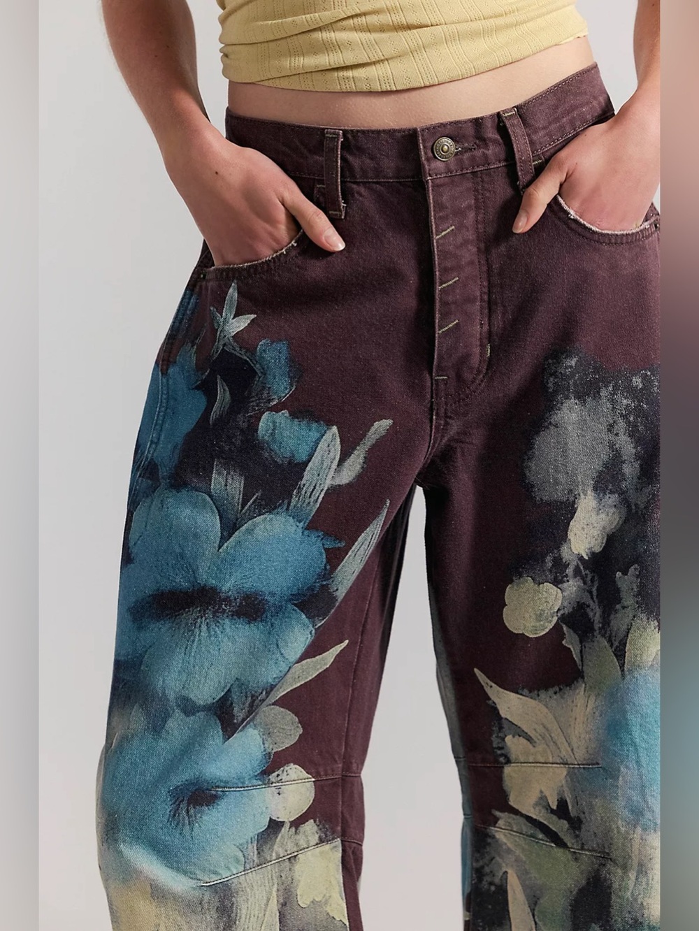 NWT FREE PEOPLE WE THE FREE Good Luck Printed Barrel Jeans | Washed Floral $148 - Picture 5 of 10